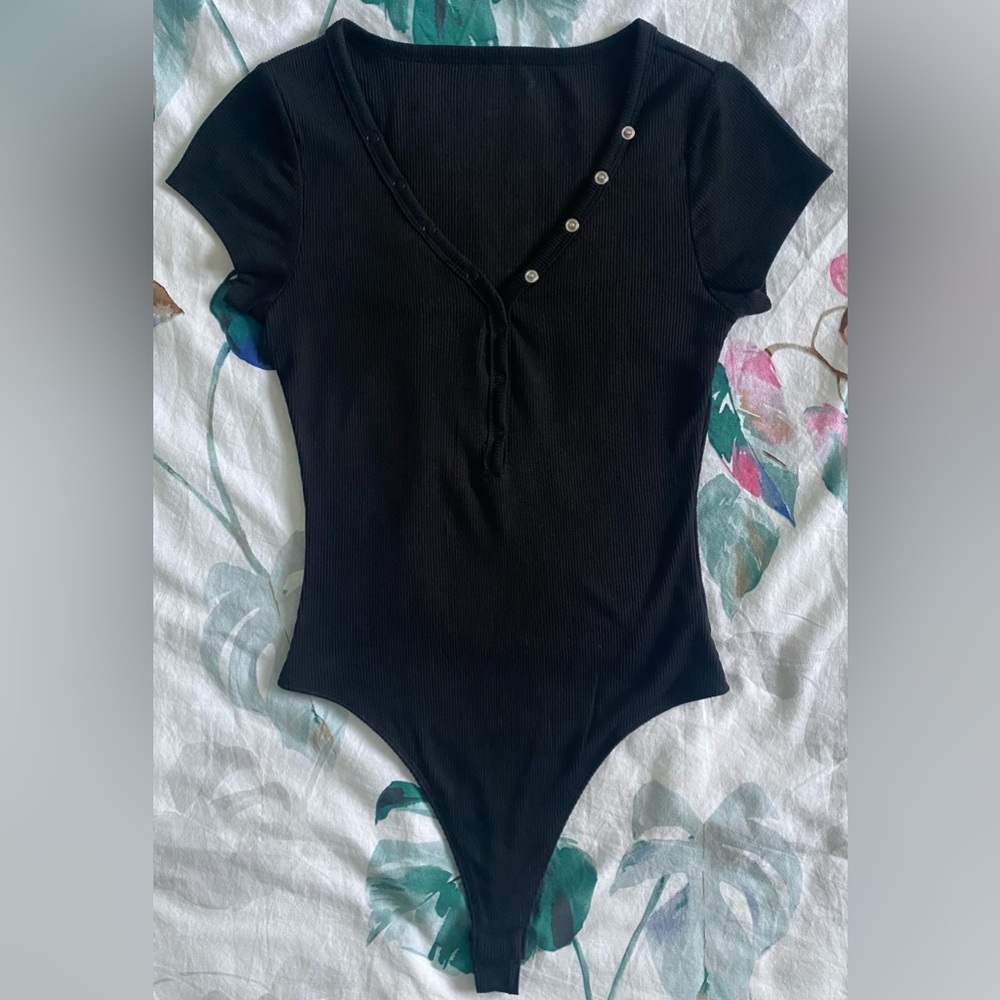 Black Ribbed Button-Detail Bodysuit